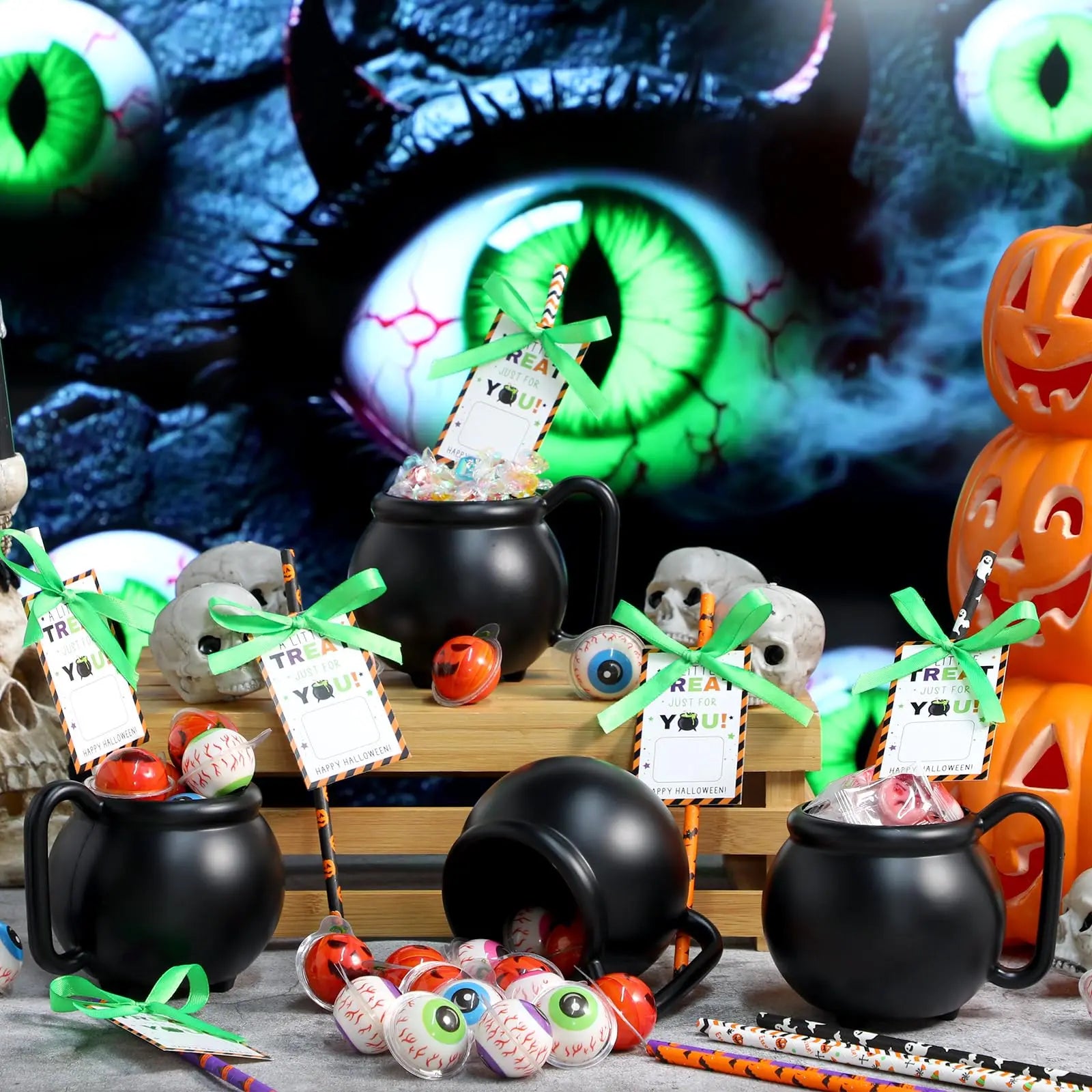 12/24 Sets Halloween Cauldron Mugs 15 Oz Candy Pots Cups Black Plastic Witch Mug with Paper Straws Cards Ribbon Treat or Trick Candy Gifts for Boys Girls Students for Spooky Season Party Favors Candy Goodie Bag Ideas