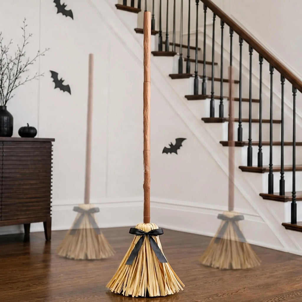 49" Animated Floating Witch Broom Halloween Decoration - Indoor & Outdoor Festive Decor, Touch & Sound Activated, Auto-Avoidance, Spooky & Silent Modes, Durable, Easy Setup, Stable Base for Holiday Displays