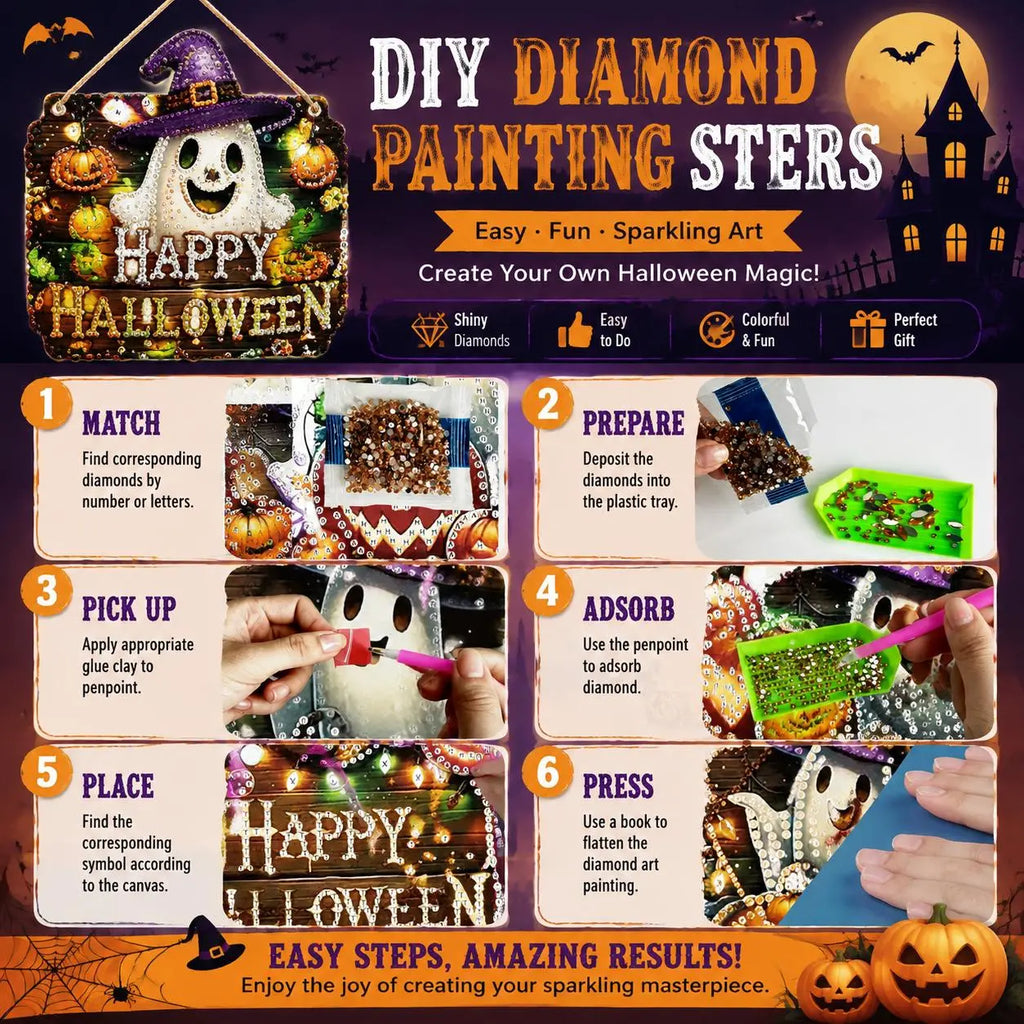 Sparkling Halloween Diamond Art Kits: Create Witch, Black Cat, Ghost, and Pumpkin Suncatchers! Perfect DIY Decor for Kids! 🎃✨