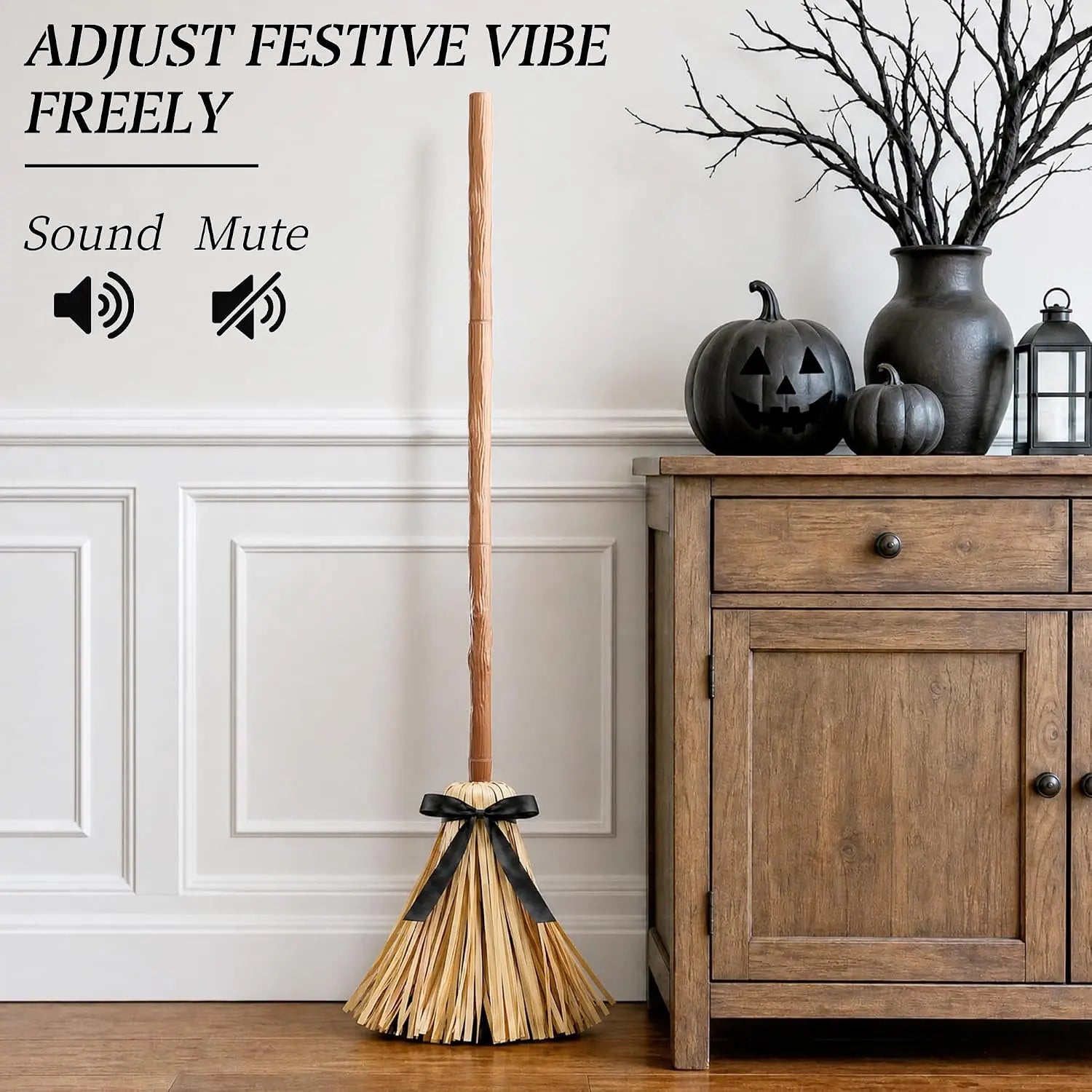 49" Animated Floating Witch Broom Halloween Decoration - Indoor & Outdoor Festive Decor, Touch & Sound Activated, Auto-Avoidance, Spooky & Silent Modes, Durable, Easy Setup, Stable Base for Holiday Displays