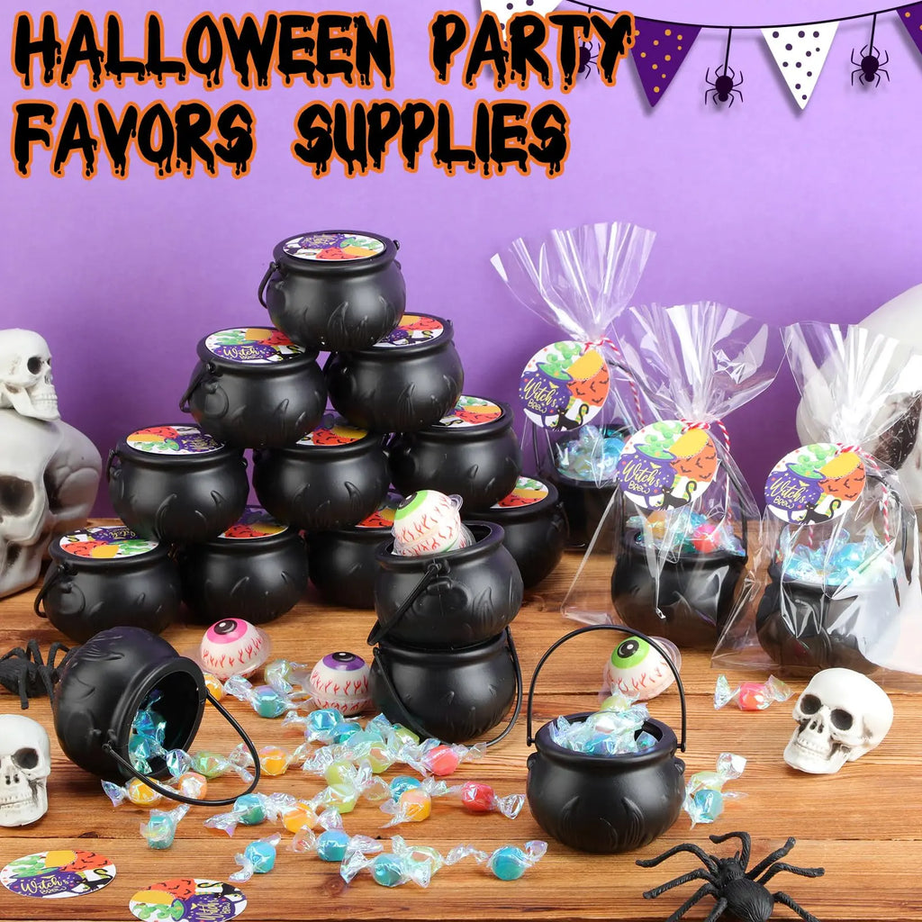 12/24 Sets Halloween Cauldron Mugs 15 Oz Candy Pots Cups Black Plastic Witch Mug with Paper Straws Cards Ribbon Treat or Trick Candy Gifts for Boys Girls Students for Spooky Season Party Favors Candy Goodie Bag Ideas