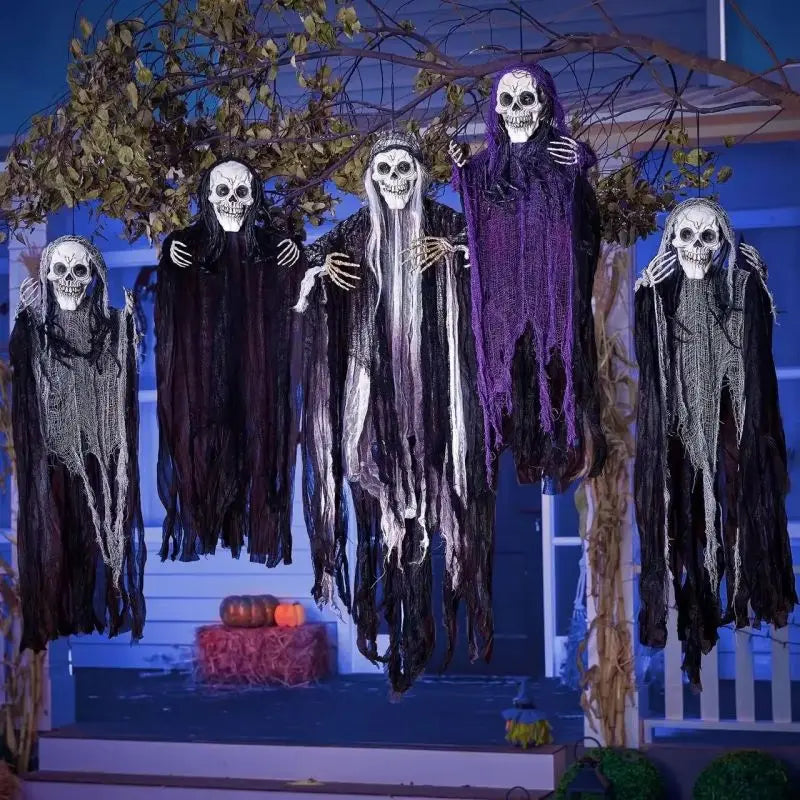 Spook Up Your Halloween with Hanging Skeleton Ghosts & Grim Reapers! 🎃👻 Sound-Controlled, Light-Up Decorations for Your Outdoor Haunt!