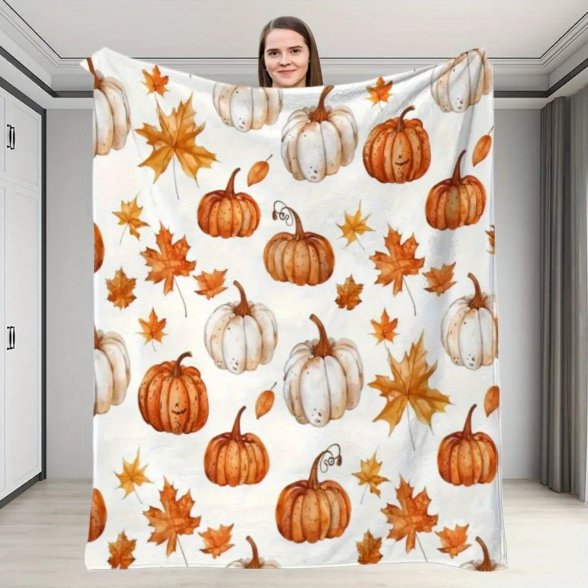 Snuggle Up This Fall with Our Beautiful Watercolor Pumpkin & Maple Leaf Flannel Blanket! The Ultimate Gift for Her! 🍂🎃✨ #FallVibes #CozyHome