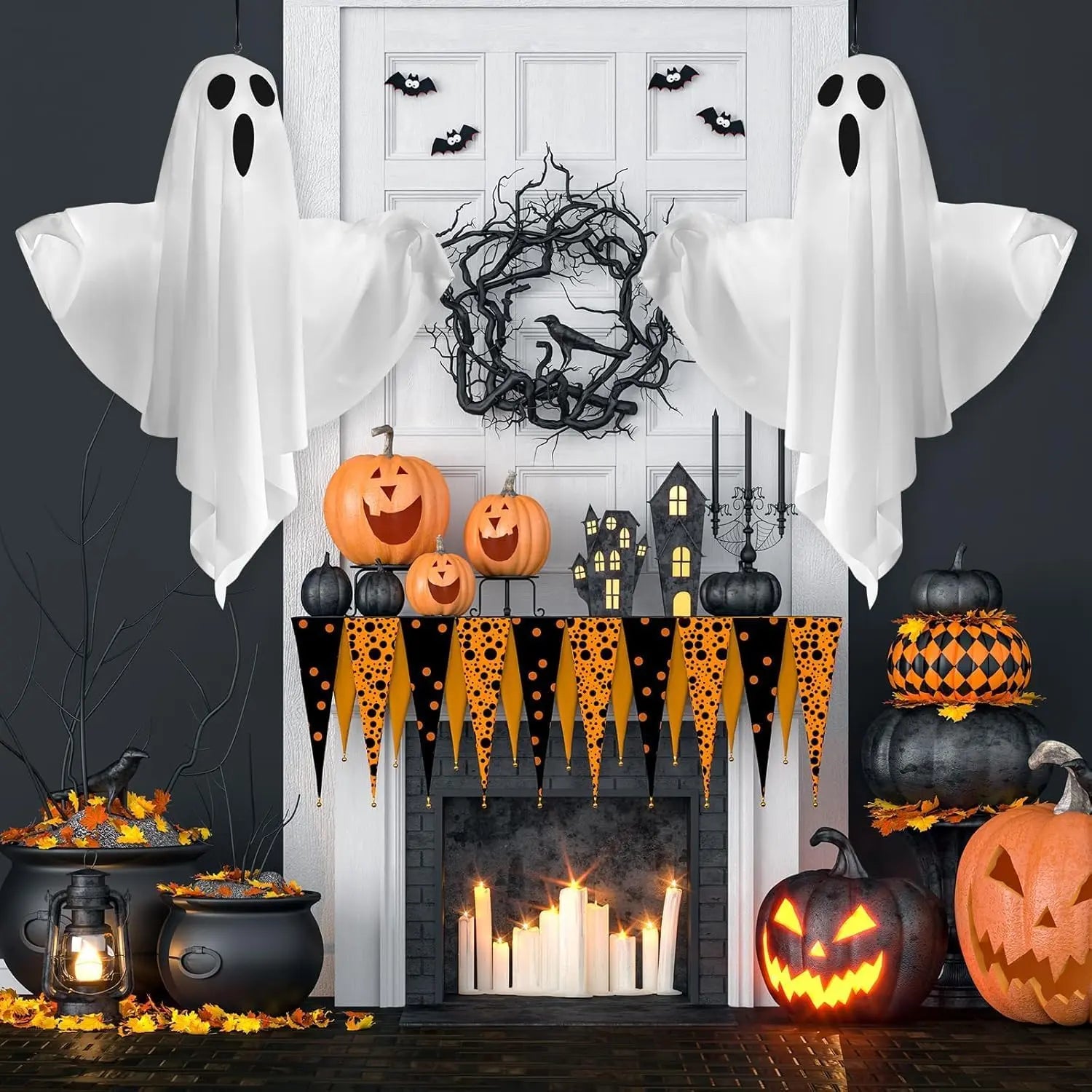 Lifnatty 2-Pack Light-Up Hanging Ghost Halloween Decorations, Battery-Operated Indoor-Outdoor Home Improvement Lanterns for Porch, Haunted House Parties
