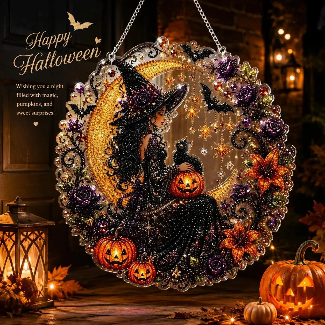 Sparkling Halloween Diamond Art Kits: Create Witch, Black Cat, Ghost, and Pumpkin Suncatchers! Perfect DIY Decor for Kids! 🎃✨