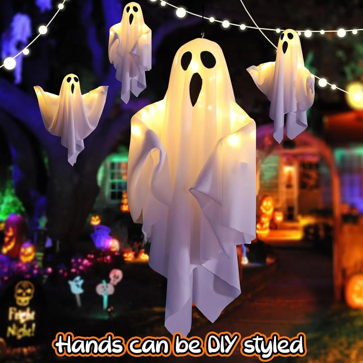 Lifnatty 2-Pack Light-Up Hanging Ghost Halloween Decorations, Battery-Operated Indoor-Outdoor Home Improvement Lanterns for Porch, Haunted House Parties