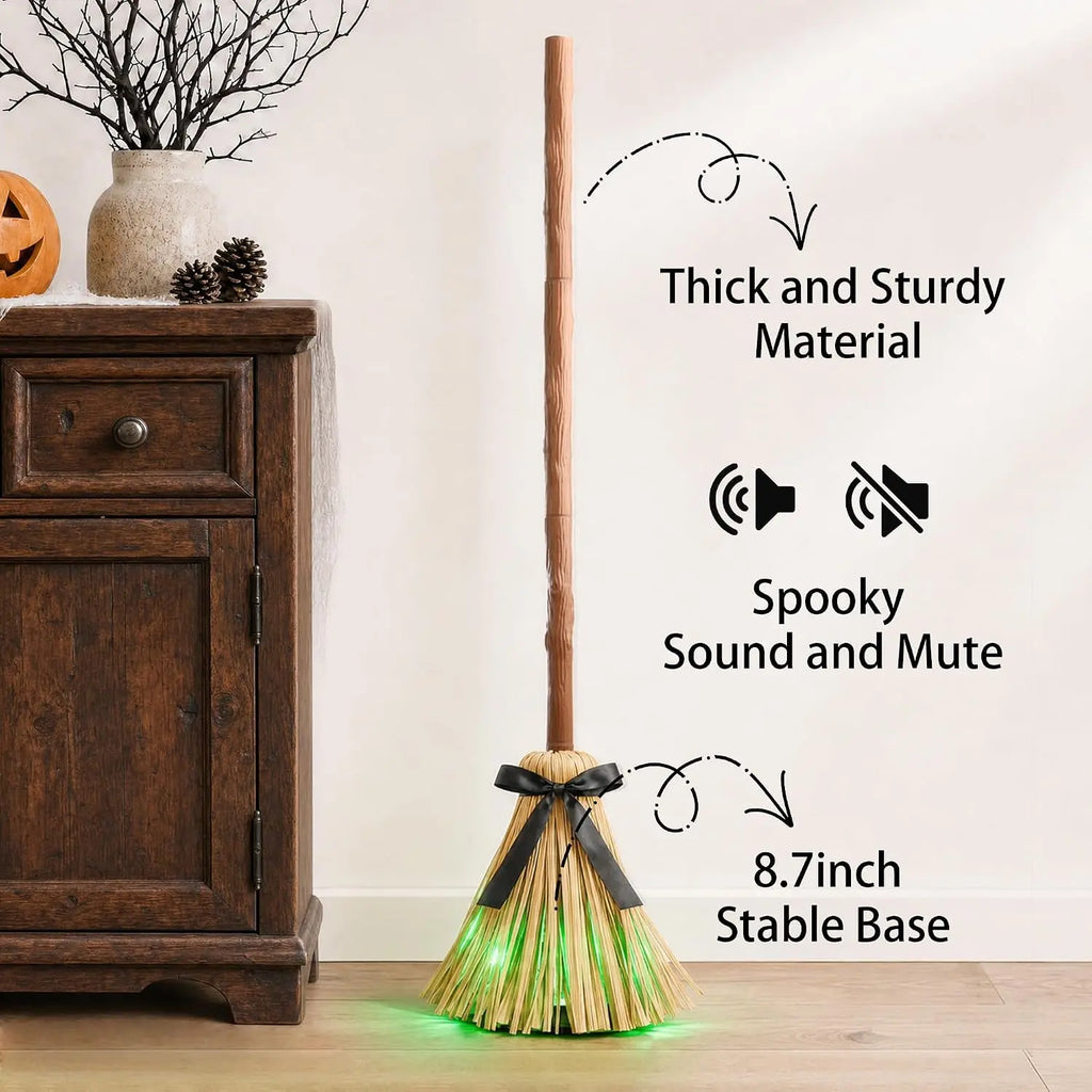 49" Animated Floating Witch Broom Halloween Decoration - Indoor & Outdoor Festive Decor, Touch & Sound Activated, Auto-Avoidance, Spooky & Silent Modes, Durable, Easy Setup, Stable Base for Holiday Displays