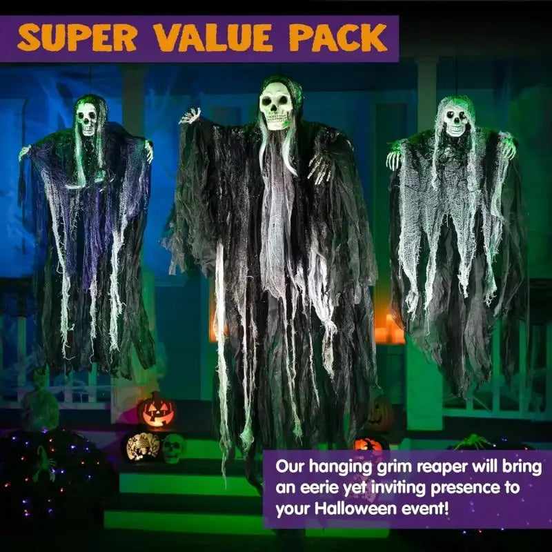 Spook Up Your Halloween with Hanging Skeleton Ghosts & Grim Reapers! 🎃👻 Sound-Controlled, Light-Up Decorations for Your Outdoor Haunt!