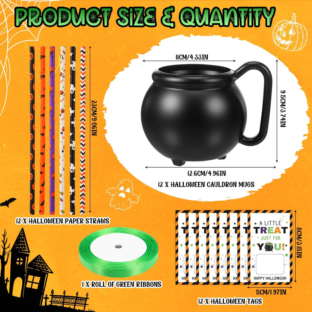 12/24 Sets Halloween Cauldron Mugs 15 Oz Candy Pots Cups Black Plastic Witch Mug with Paper Straws Cards Ribbon Treat or Trick Candy Gifts for Boys Girls Students for Spooky Season Party Favors Candy Goodie Bag Ideas