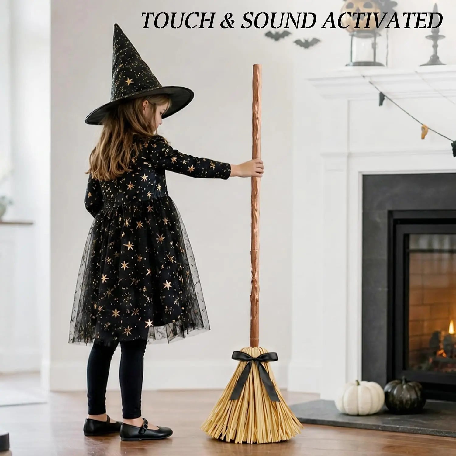 49" Animated Floating Witch Broom Halloween Decoration - Indoor & Outdoor Festive Decor, Touch & Sound Activated, Auto-Avoidance, Spooky & Silent Modes, Durable, Easy Setup, Stable Base for Holiday Displays