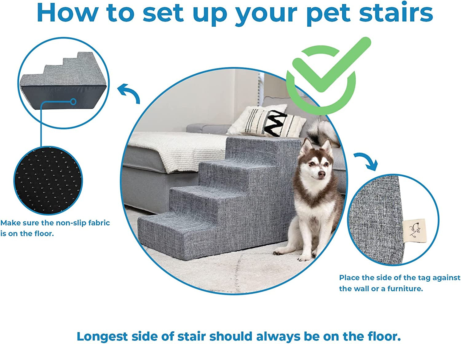 Dog Stairs & Steps - Foam Steps for Small Dogs & Cats, Non-Slip Indoor Balanced Pet Step Support, Dog Ramp, No Assembly, Foldable Stair, 3-Step
