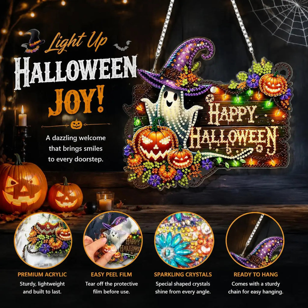 Sparkling Halloween Diamond Art Kits: Create Witch, Black Cat, Ghost, and Pumpkin Suncatchers! Perfect DIY Decor for Kids! 🎃✨