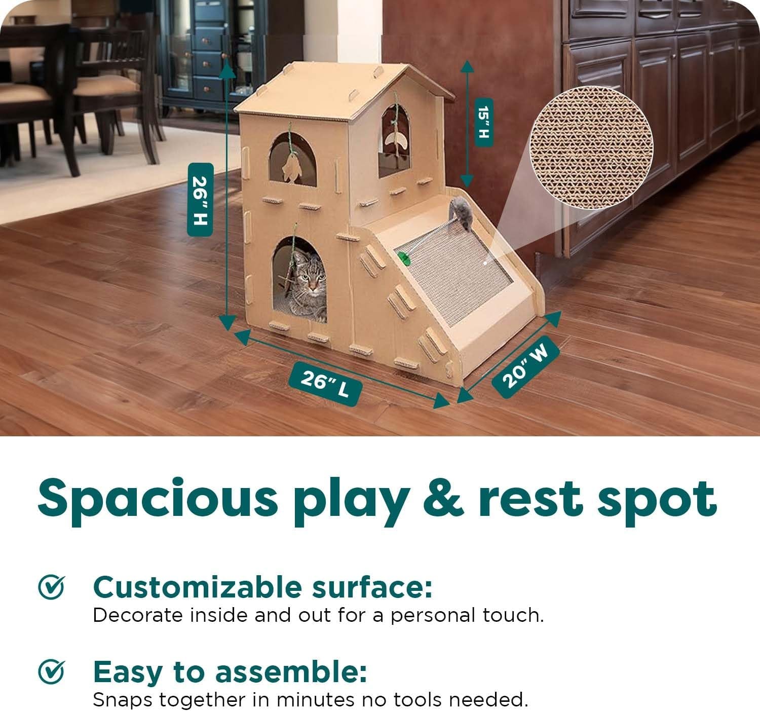Townhouse Multi-Level Cardboard Cat House for Indoor Cats with Catnip & Toys, Double-Walled Corrugated Scratcher Designed for Lounging, Play & Comfort, One Size, Cardboard, Brown