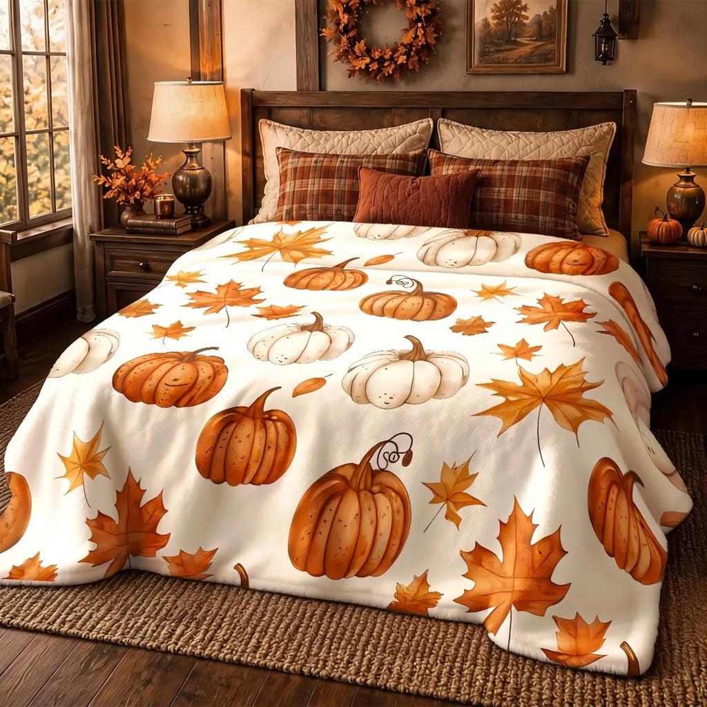 Snuggle Up This Fall with Our Beautiful Watercolor Pumpkin & Maple Leaf Flannel Blanket! The Ultimate Gift for Her! 🍂🎃✨ #FallVibes #CozyHome