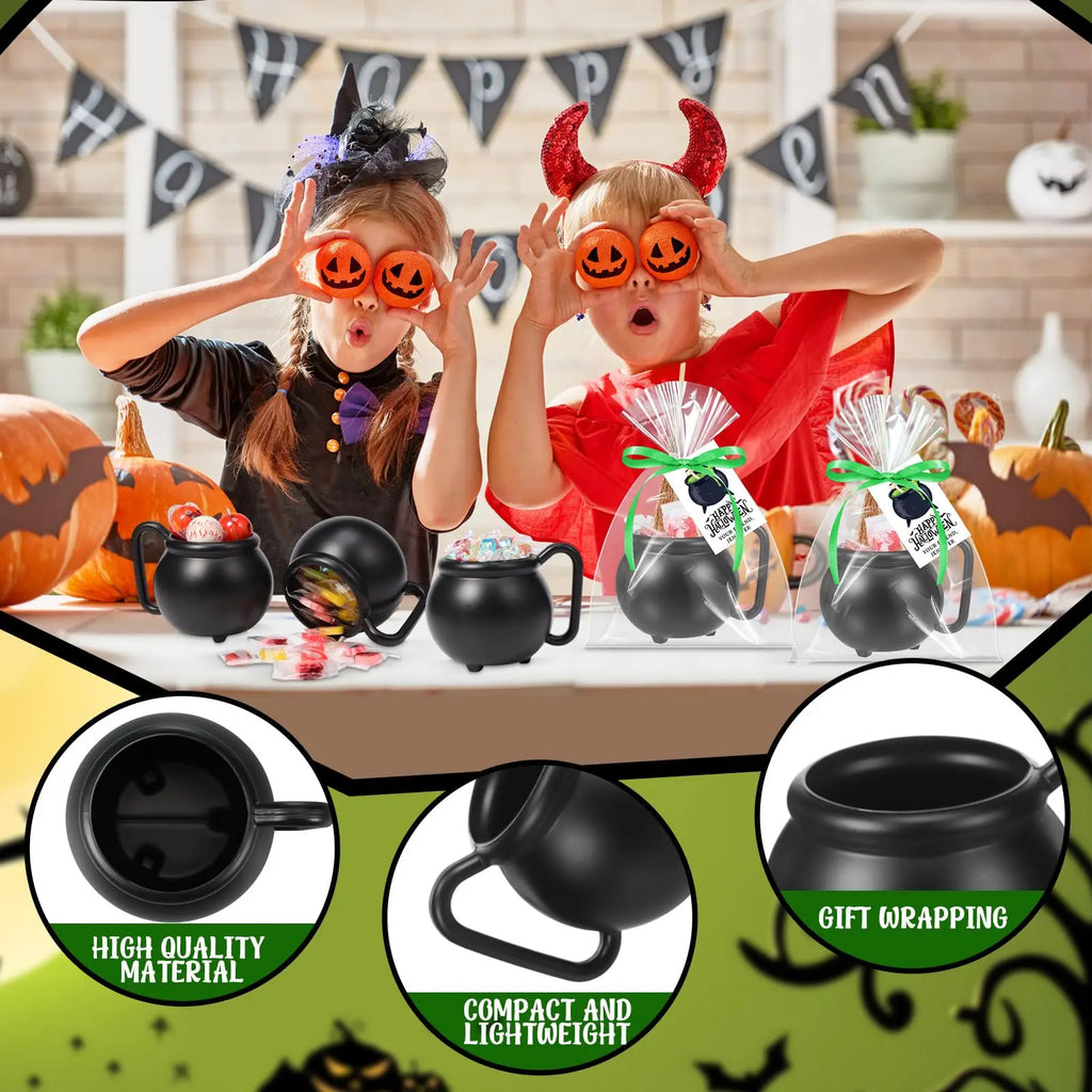 12/24 Sets Halloween Cauldron Mugs 15 Oz Candy Pots Cups Black Plastic Witch Mug with Paper Straws Cards Ribbon Treat or Trick Candy Gifts for Boys Girls Students for Spooky Season Party Favors Candy Goodie Bag Ideas