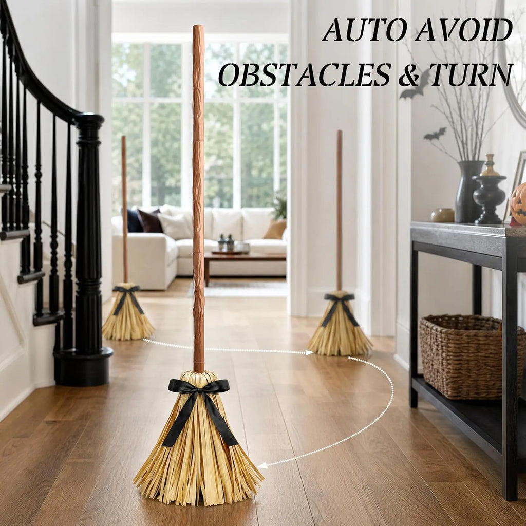 49" Animated Floating Witch Broom Halloween Decoration - Indoor & Outdoor Festive Decor, Touch & Sound Activated, Auto-Avoidance, Spooky & Silent Modes, Durable, Easy Setup, Stable Base for Holiday Displays