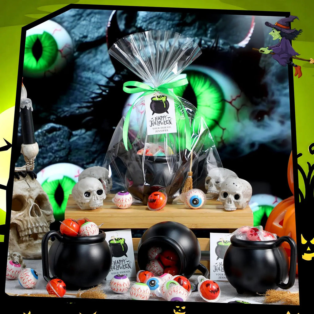 12/24 Sets Halloween Cauldron Mugs 15 Oz Candy Pots Cups Black Plastic Witch Mug with Paper Straws Cards Ribbon Treat or Trick Candy Gifts for Boys Girls Students for Spooky Season Party Favors Candy Goodie Bag Ideas