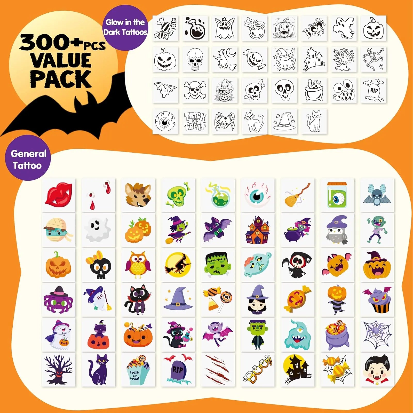 Spook-tacular Fun! 🎃👻 Get 306 Glowing Halloween Tattoos for Kids - Perfect for Trick or Treat Goodie Bags & Party Favors! 🕷️✨