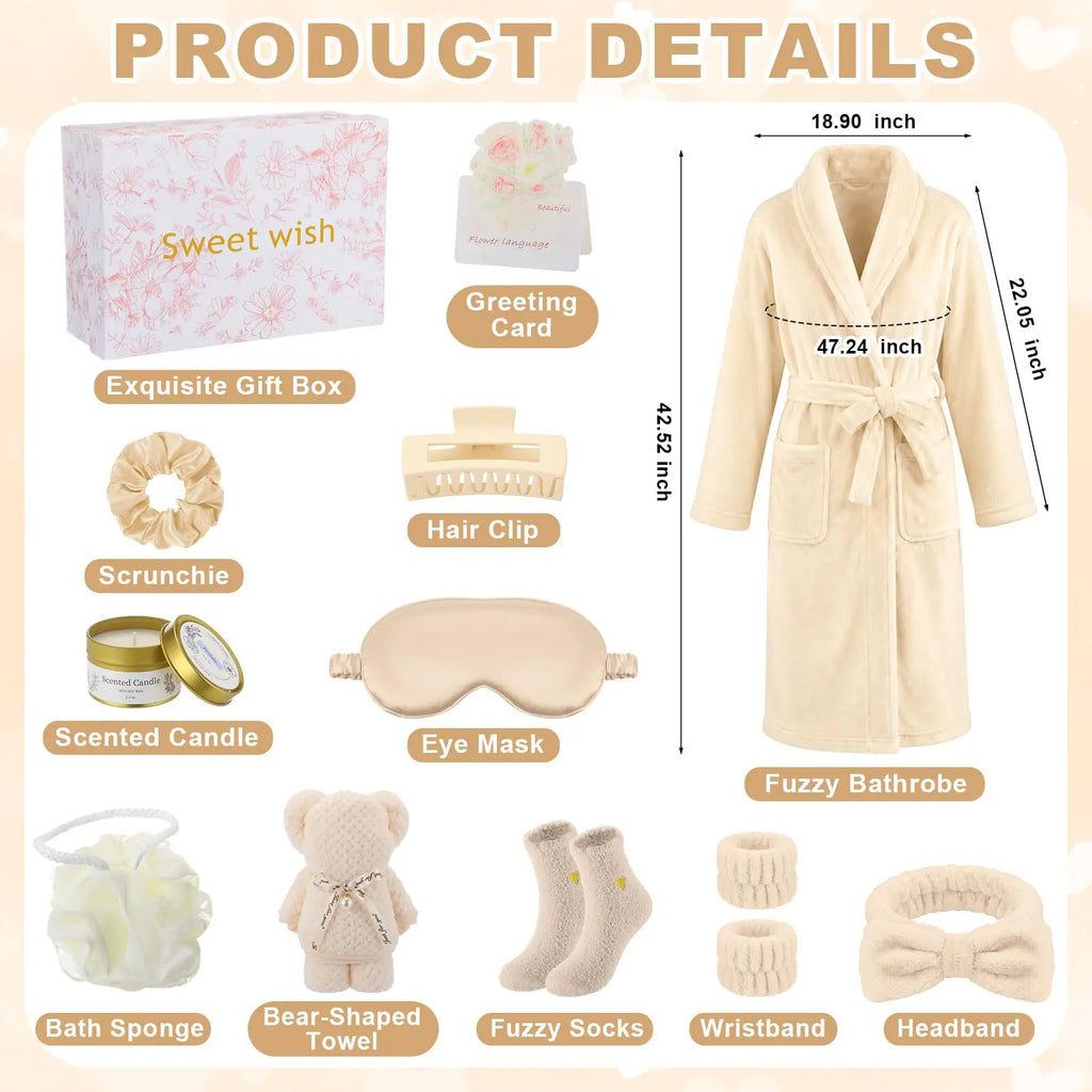 11 Pcs Birthday Gifts for Women Spa Gift Set with Bathrobe Sleep Mask Scented Candle Socks Headband, Pamper Self Care Package for Mom Wife Girlfriend Sister, Mother Day Valentine Baby Shower Get Well Christmas Anniversary Presents