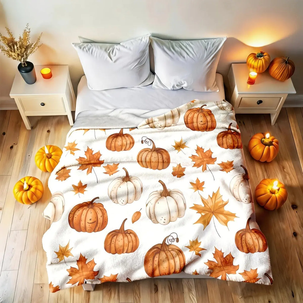 Snuggle Up This Fall with Our Beautiful Watercolor Pumpkin & Maple Leaf Flannel Blanket! The Ultimate Gift for Her! 🍂🎃✨ #FallVibes #CozyHome