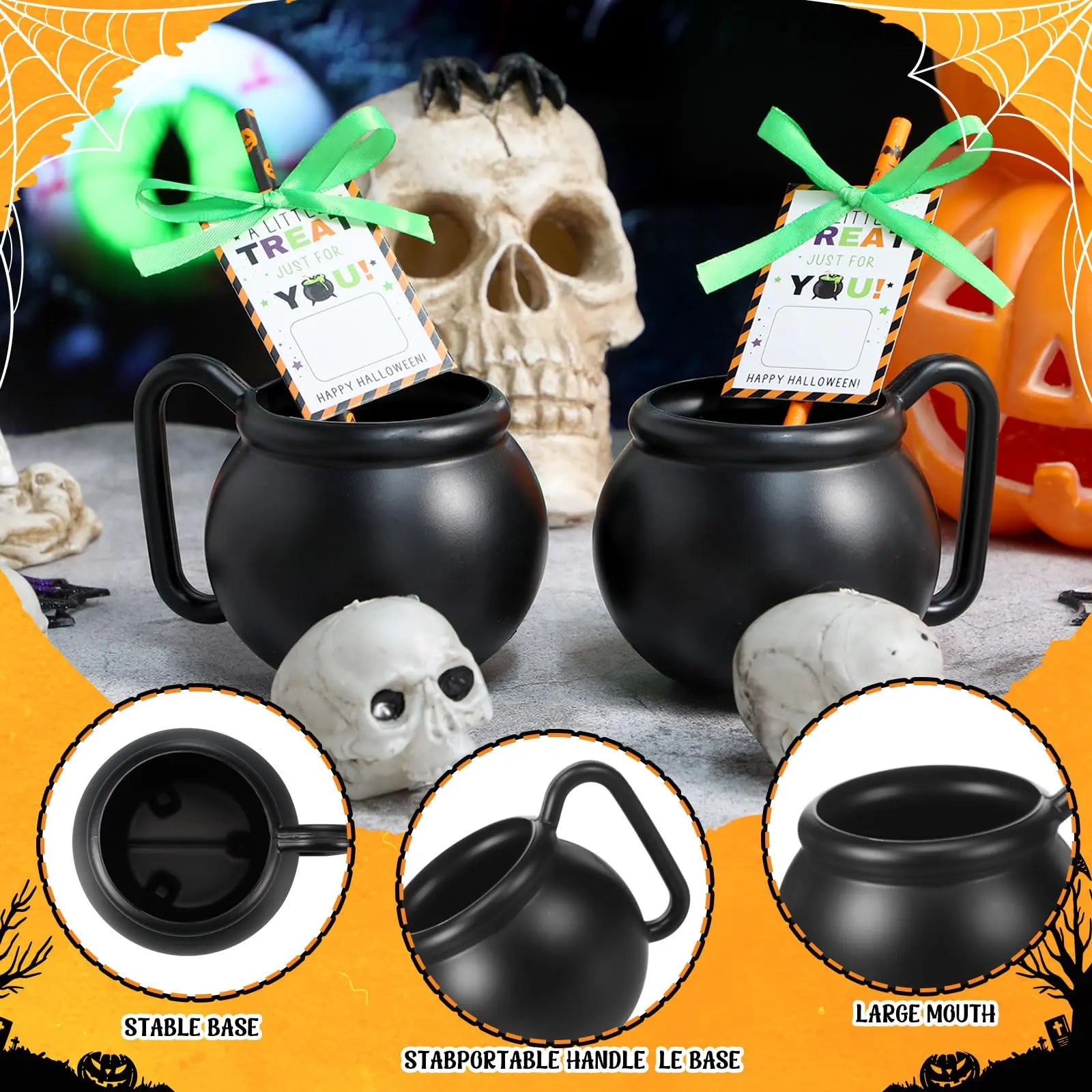 12/24 Sets Halloween Cauldron Mugs 15 Oz Candy Pots Cups Black Plastic Witch Mug with Paper Straws Cards Ribbon Treat or Trick Candy Gifts for Boys Girls Students for Spooky Season Party Favors Candy Goodie Bag Ideas