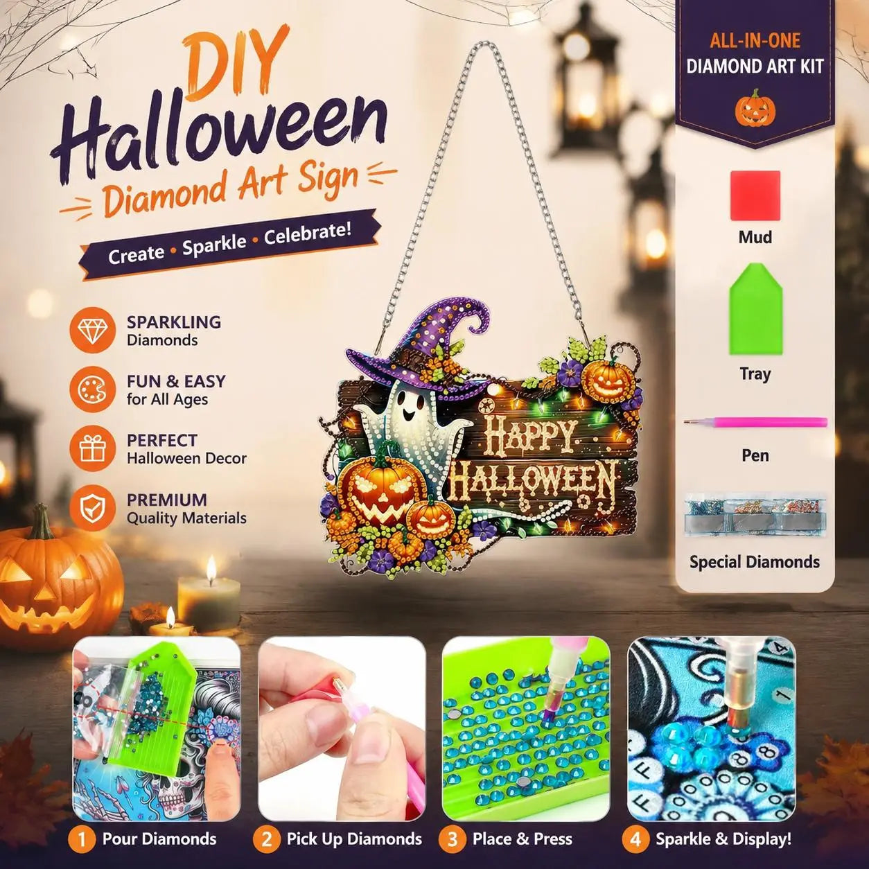 Sparkling Halloween Diamond Art Kits: Create Witch, Black Cat, Ghost, and Pumpkin Suncatchers! Perfect DIY Decor for Kids! 🎃✨