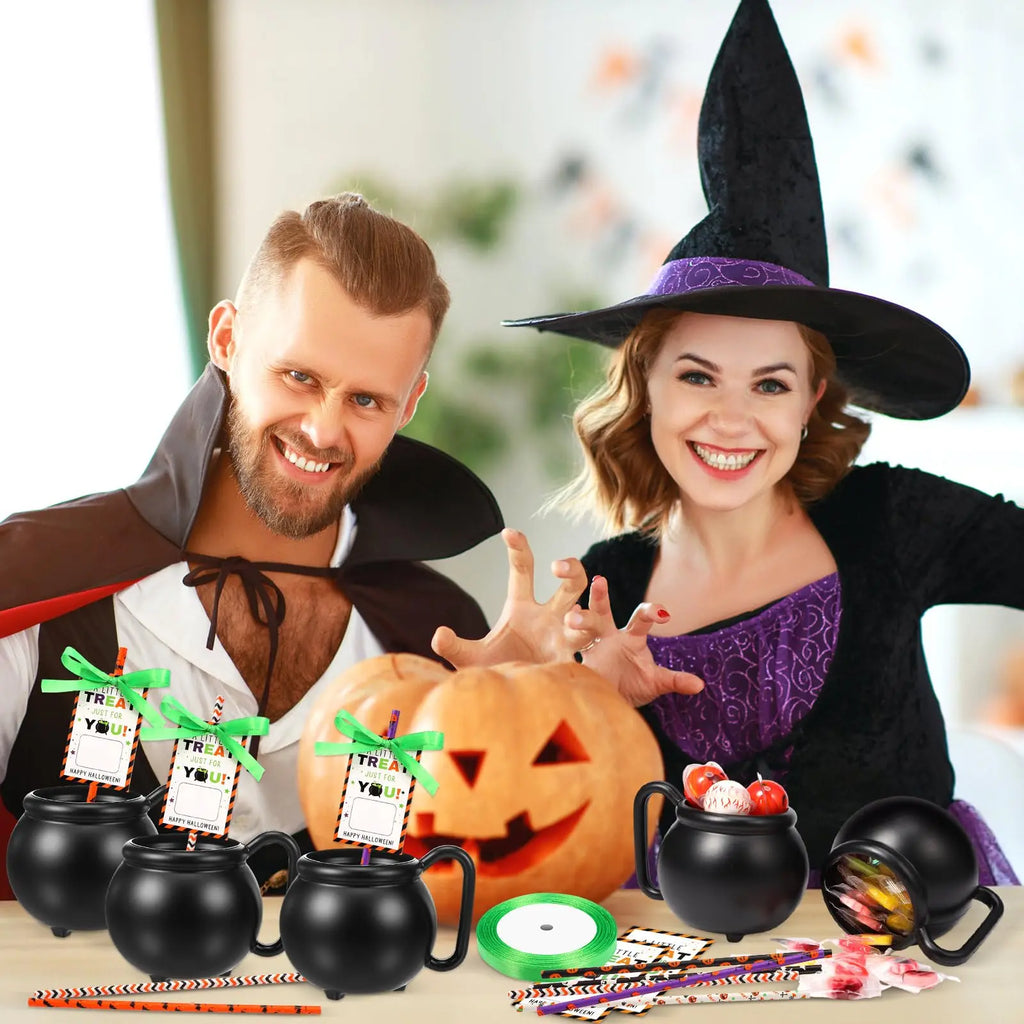 12/24 Sets Halloween Cauldron Mugs 15 Oz Candy Pots Cups Black Plastic Witch Mug with Paper Straws Cards Ribbon Treat or Trick Candy Gifts for Boys Girls Students for Spooky Season Party Favors Candy Goodie Bag Ideas