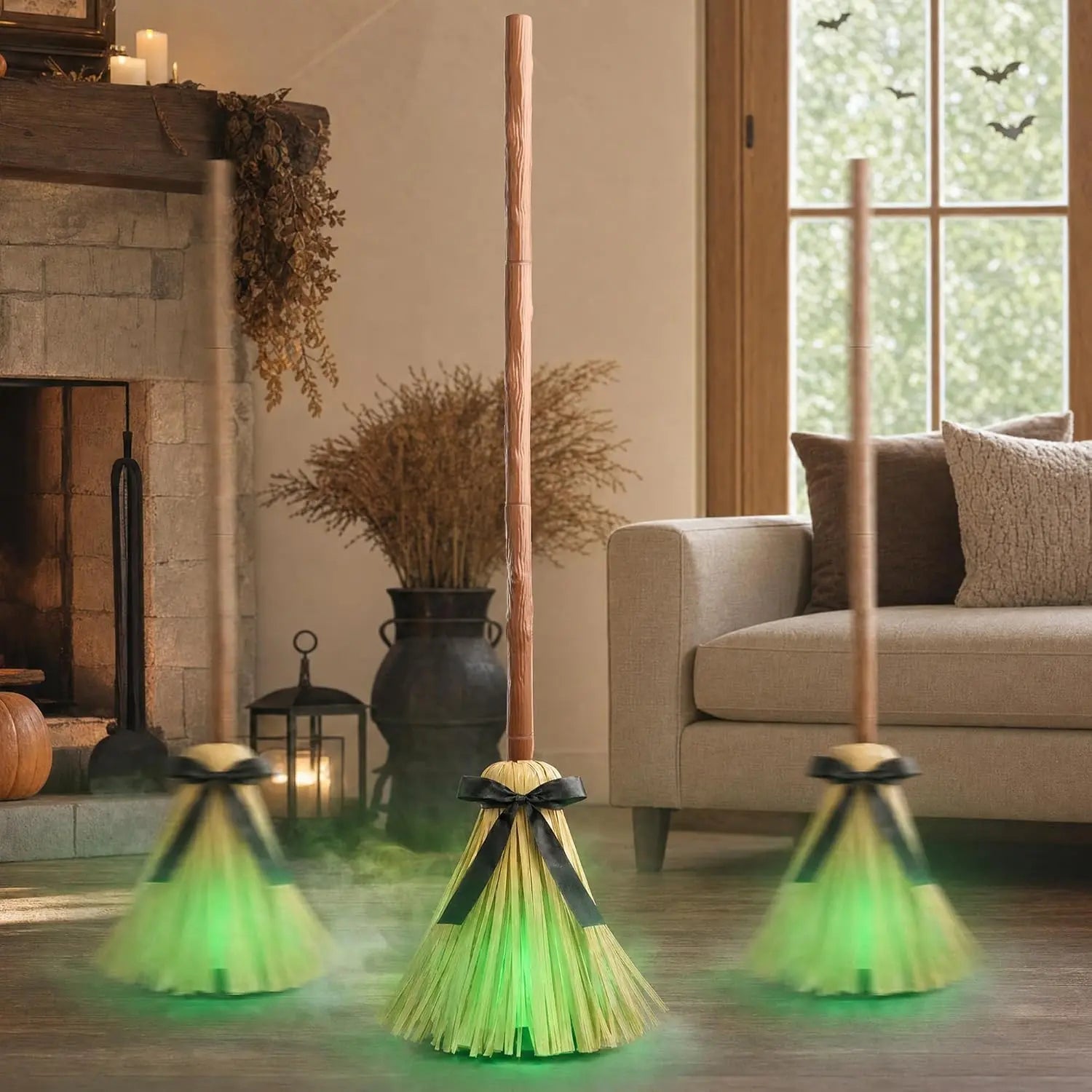 49" Animated Floating Witch Broom Halloween Decoration - Indoor & Outdoor Festive Decor, Touch & Sound Activated, Auto-Avoidance, Spooky & Silent Modes, Durable, Easy Setup, Stable Base for Holiday Displays