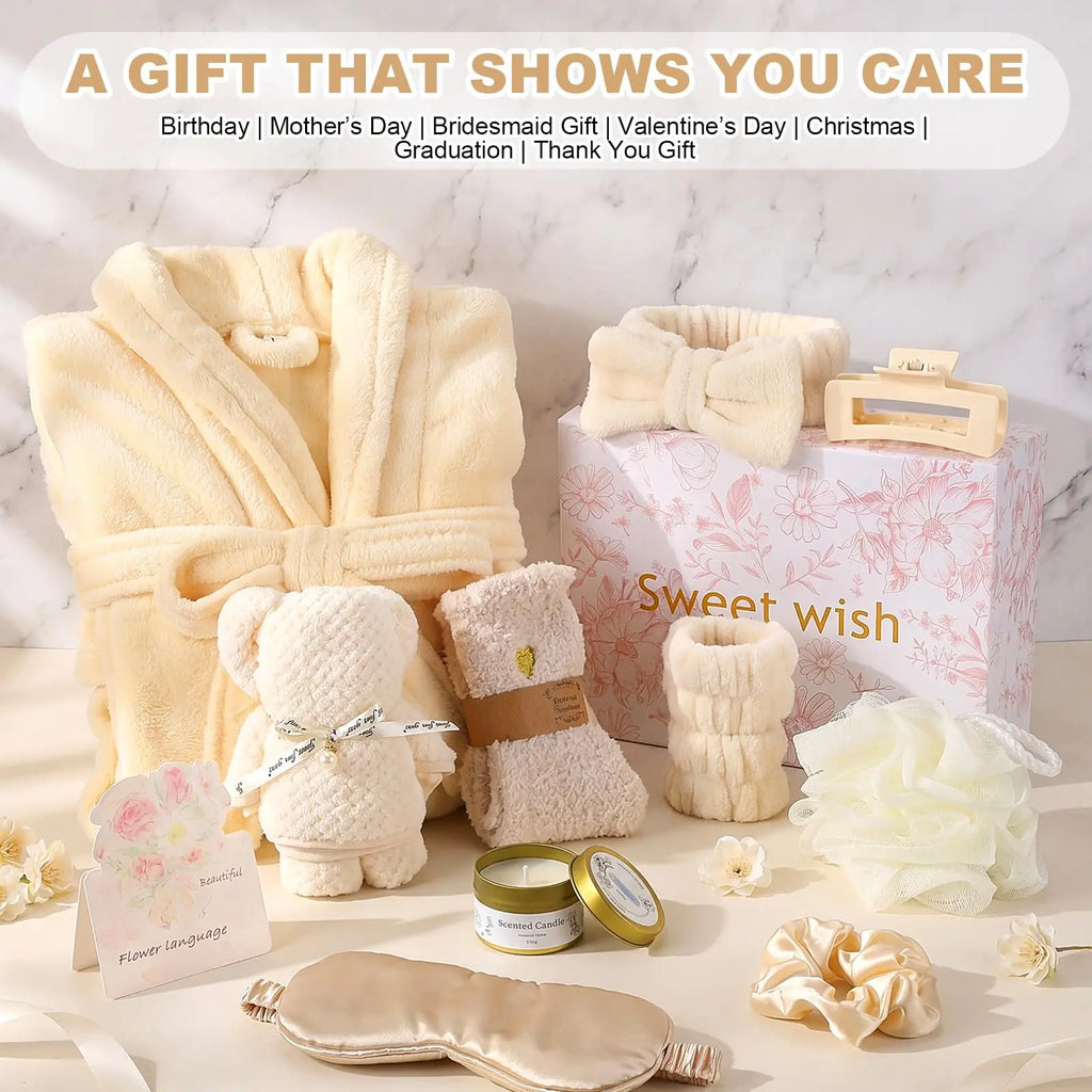 11 Pcs Birthday Gifts for Women Spa Gift Set with Bathrobe Sleep Mask Scented Candle Socks Headband, Pamper Self Care Package for Mom Wife Girlfriend Sister, Mother Day Valentine Baby Shower Get Well Christmas Anniversary Presents