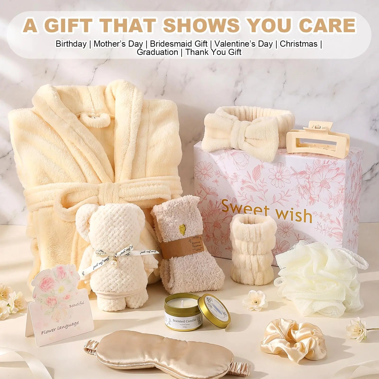 11 Pcs Birthday Gifts for Women Spa Gift Set with Bathrobe Sleep Mask Scented Candle Socks Headband, Pamper Self Care Package for Mom Wife Girlfriend Sister, Mother Day Valentine Baby Shower Get Well Christmas Anniversary Presents