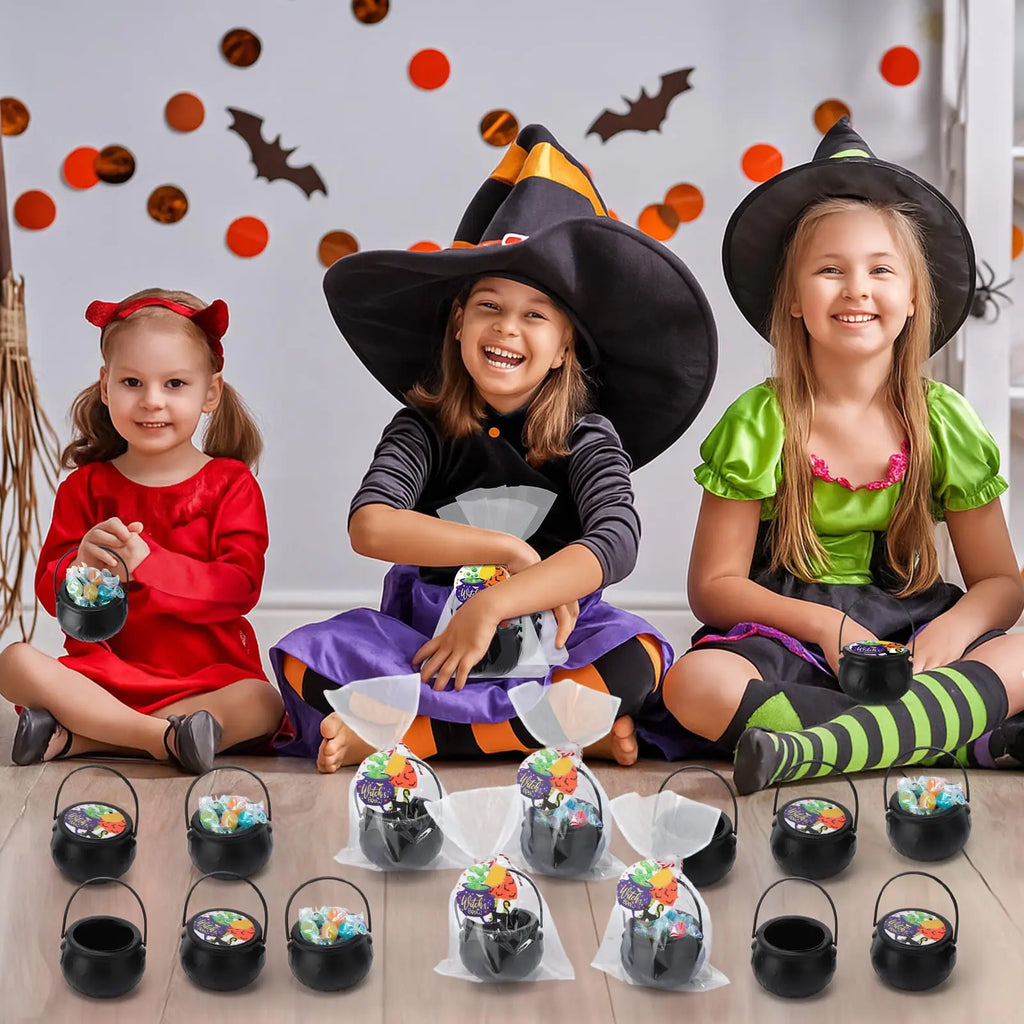 12/24 Sets Halloween Cauldron Mugs 15 Oz Candy Pots Cups Black Plastic Witch Mug with Paper Straws Cards Ribbon Treat or Trick Candy Gifts for Boys Girls Students for Spooky Season Party Favors Candy Goodie Bag Ideas